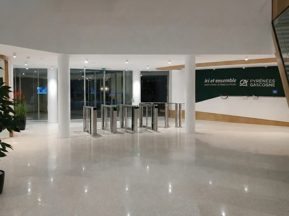Espace commercial moderne avec hall d'entrée spacieux, sol en béton poli gris anthracite, colonnes en marbre blanc veiné
